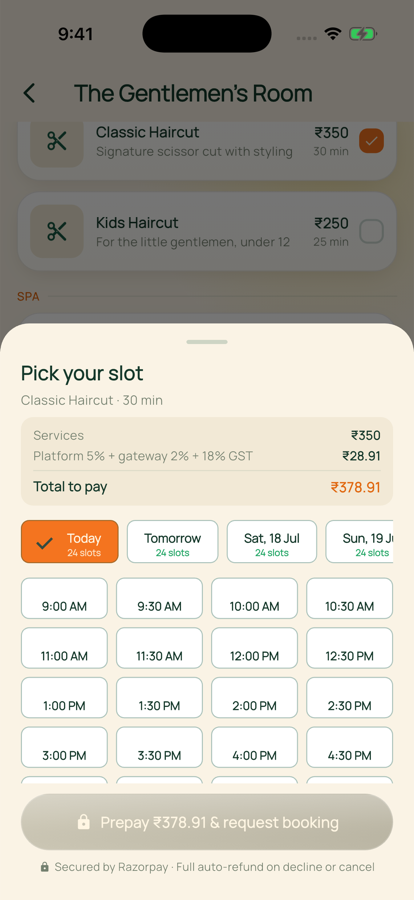 Booking sheet with date and time picker