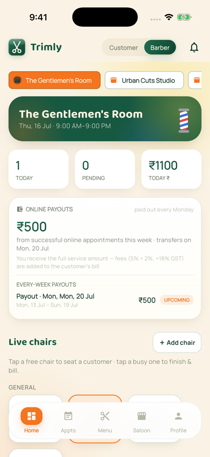 Barber dashboard with revenue and payouts