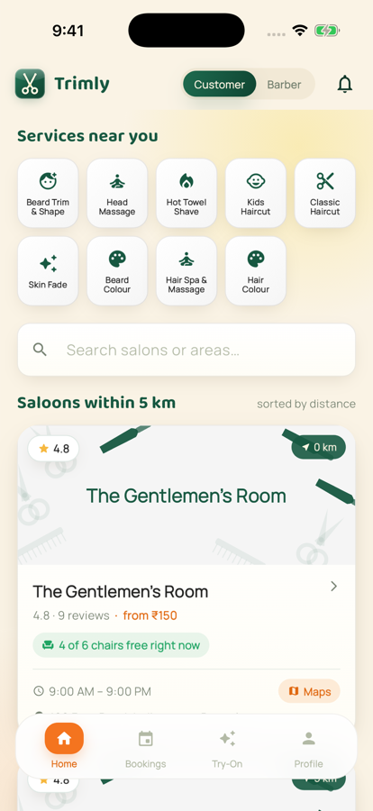 Trimly app — browse saloons and services near you